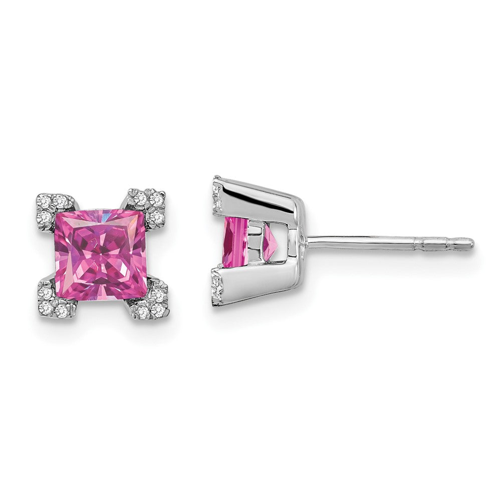 14k White Gold Square Created Pink Sapphire and Diamond Earrings (1.75 grams)