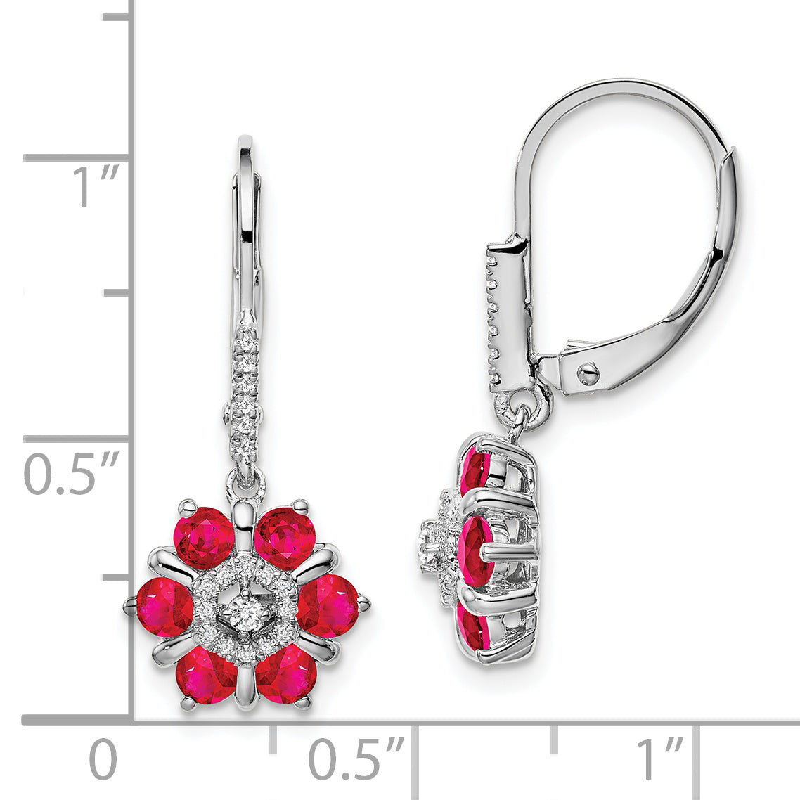 14k White Gold Ruby and Diamond Leverback Earrings (3 grams)