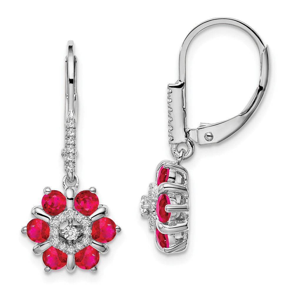 14k White Gold Ruby and Diamond Leverback Earrings (3 grams)