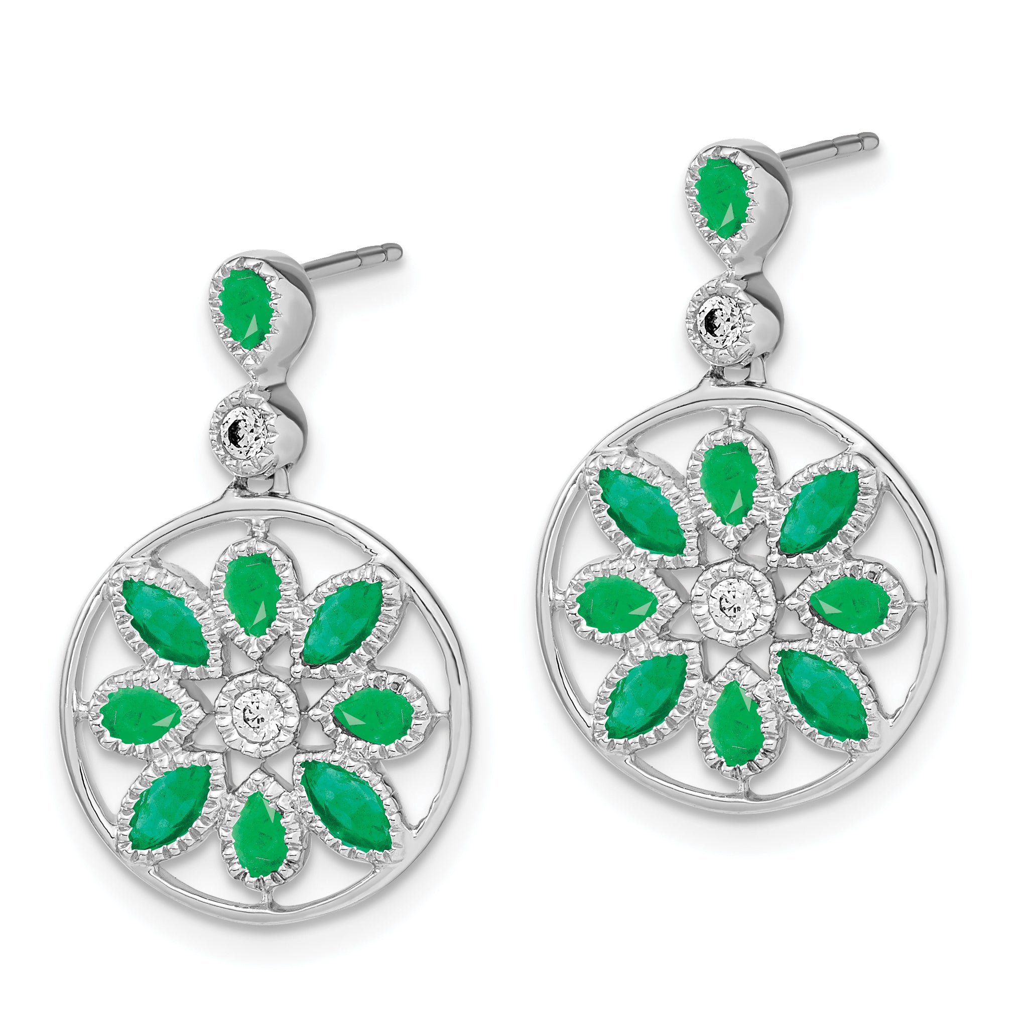 14k White Gold Emerald and Diamond Floral Dangle Earrings (5.55 grams)