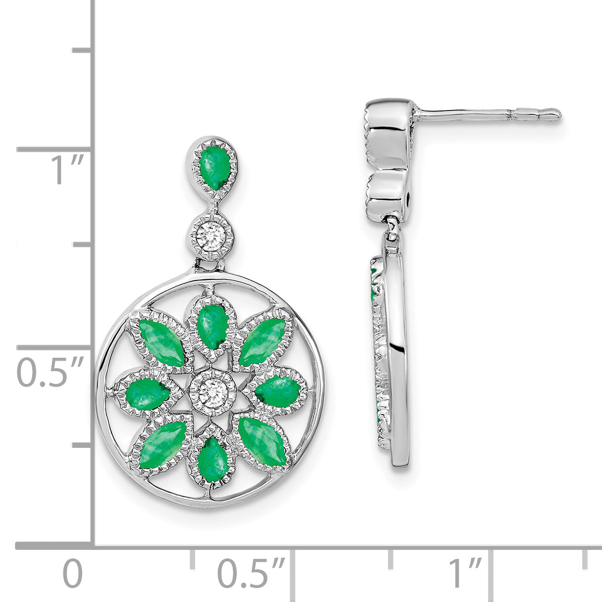14k White Gold Emerald and Diamond Floral Dangle Earrings (5.55 grams)