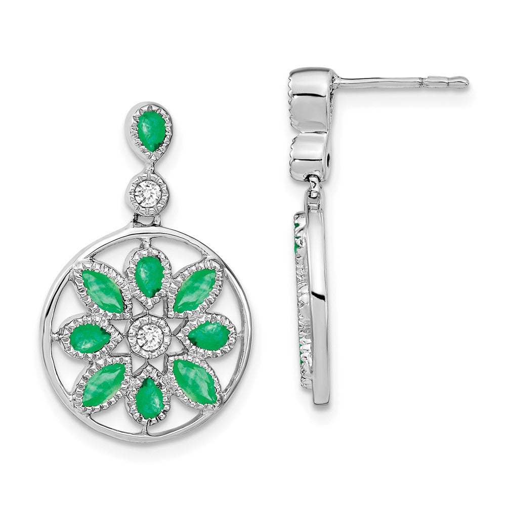 14k White Gold Emerald and Diamond Floral Dangle Earrings (5.55 grams)
