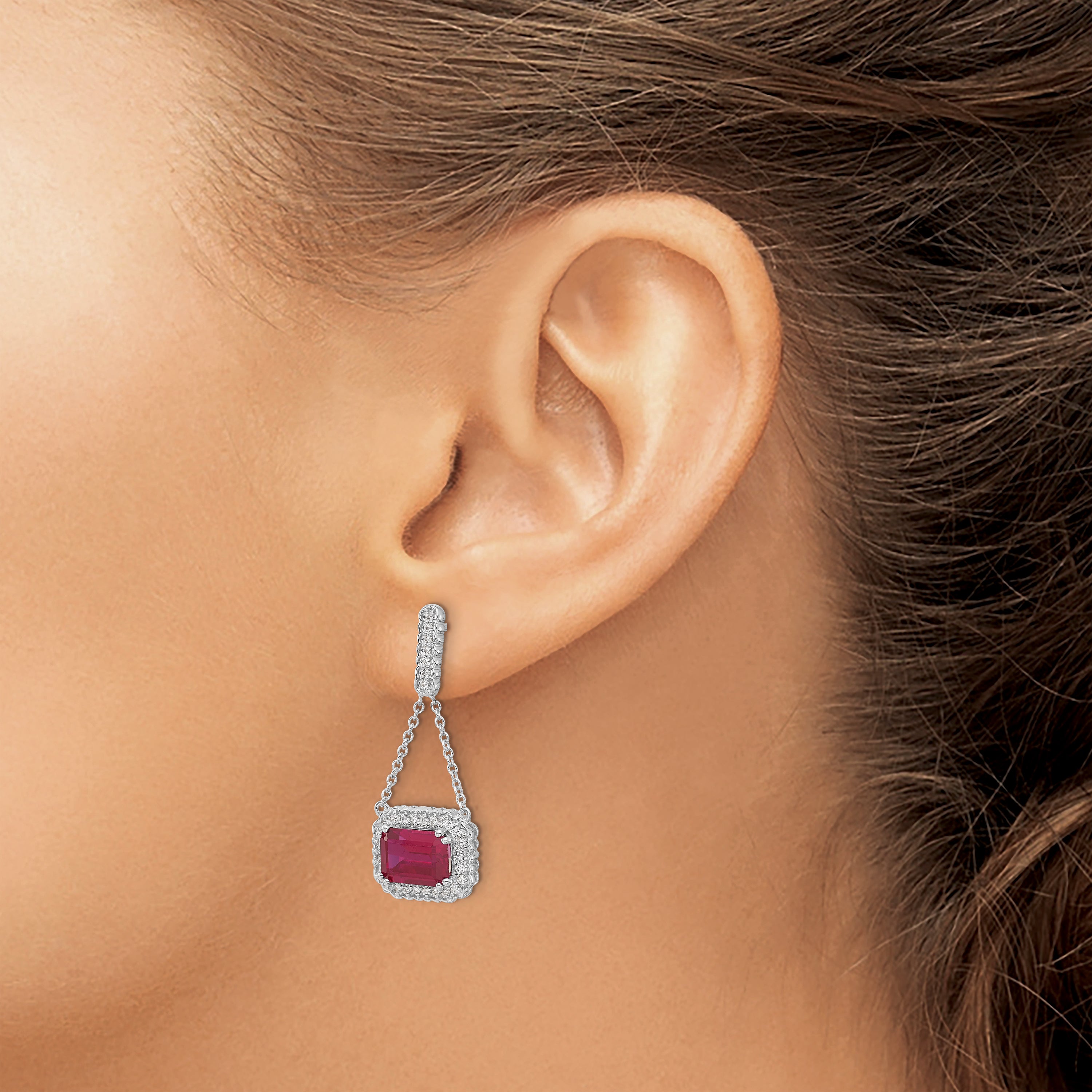 14k White Gold Created Ruby and Diamond Dangle Earrings (3.8 grams)