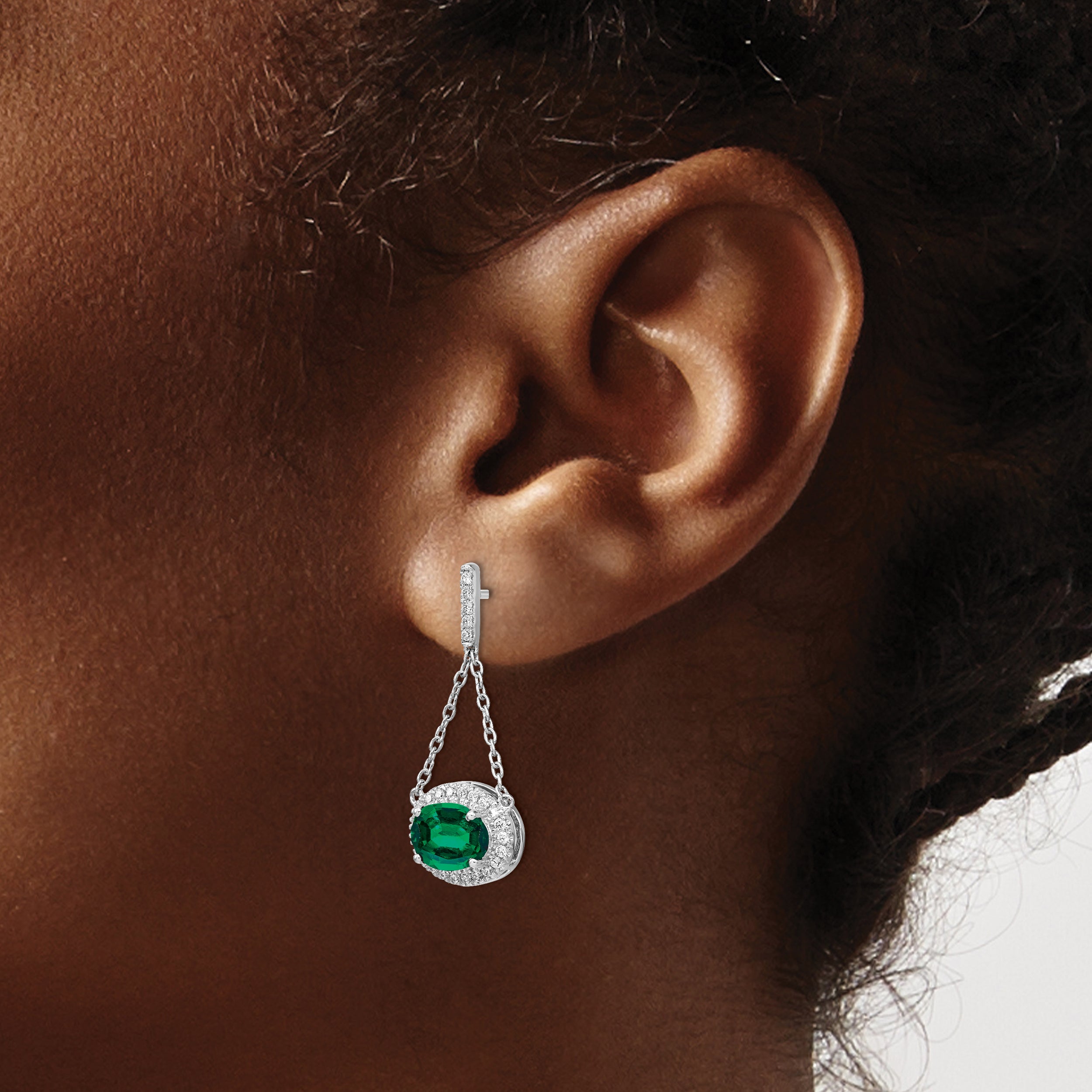 14k White Gold Oval Created Emerald and Diamond Dangle Earrings (2.2 grams)