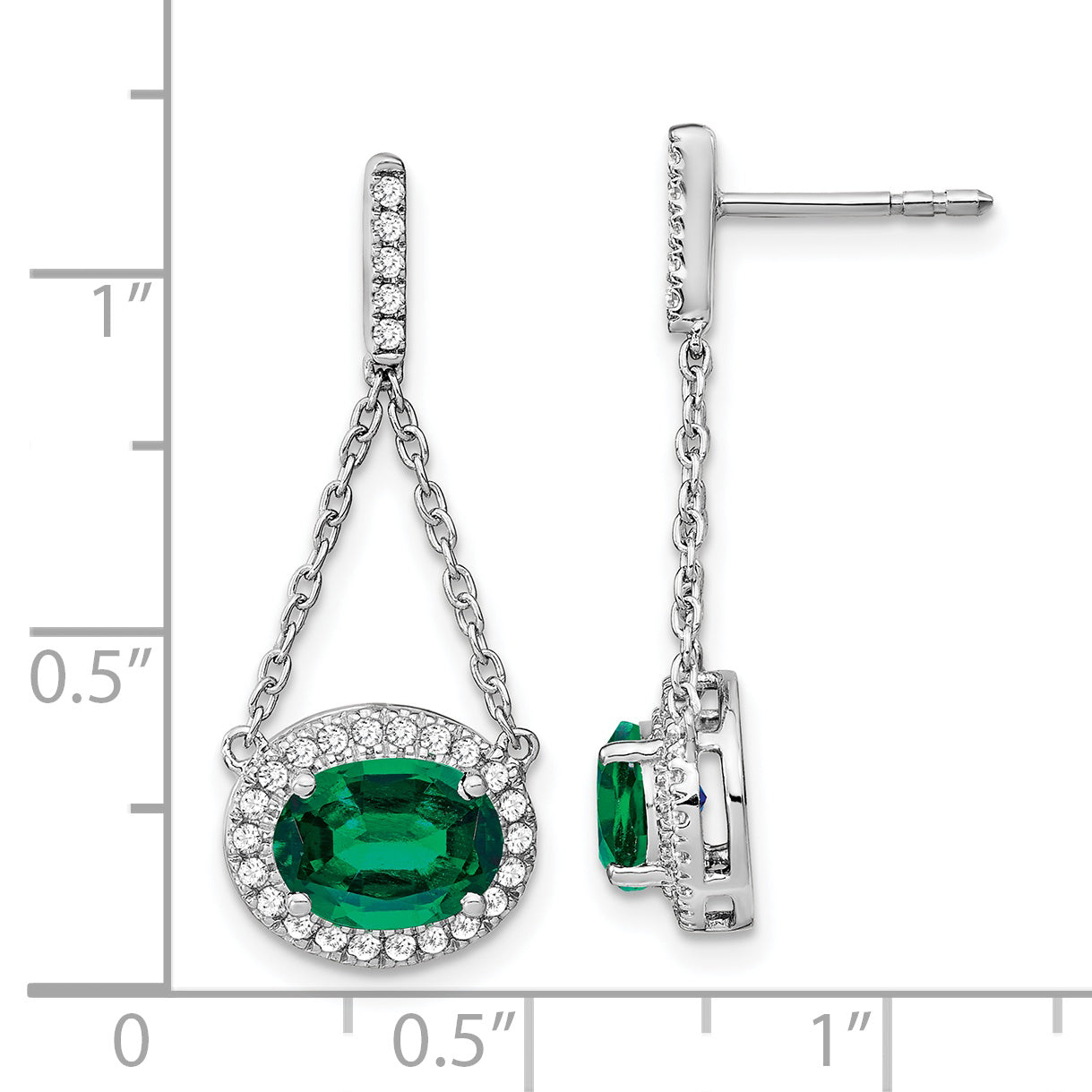 14k White Gold Oval Created Emerald and Diamond Dangle Earrings (2.2 grams)