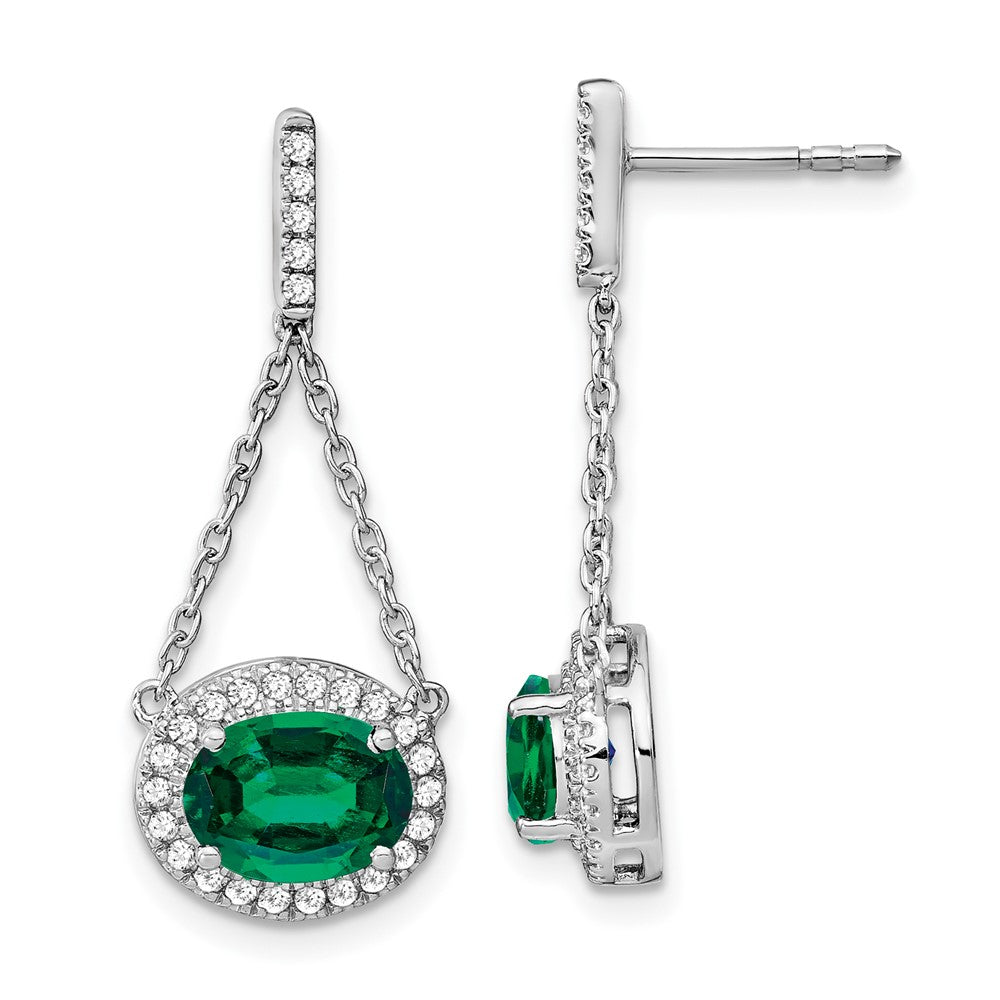 14k White Gold Oval Created Emerald and Diamond Dangle Earrings (2.2 grams)