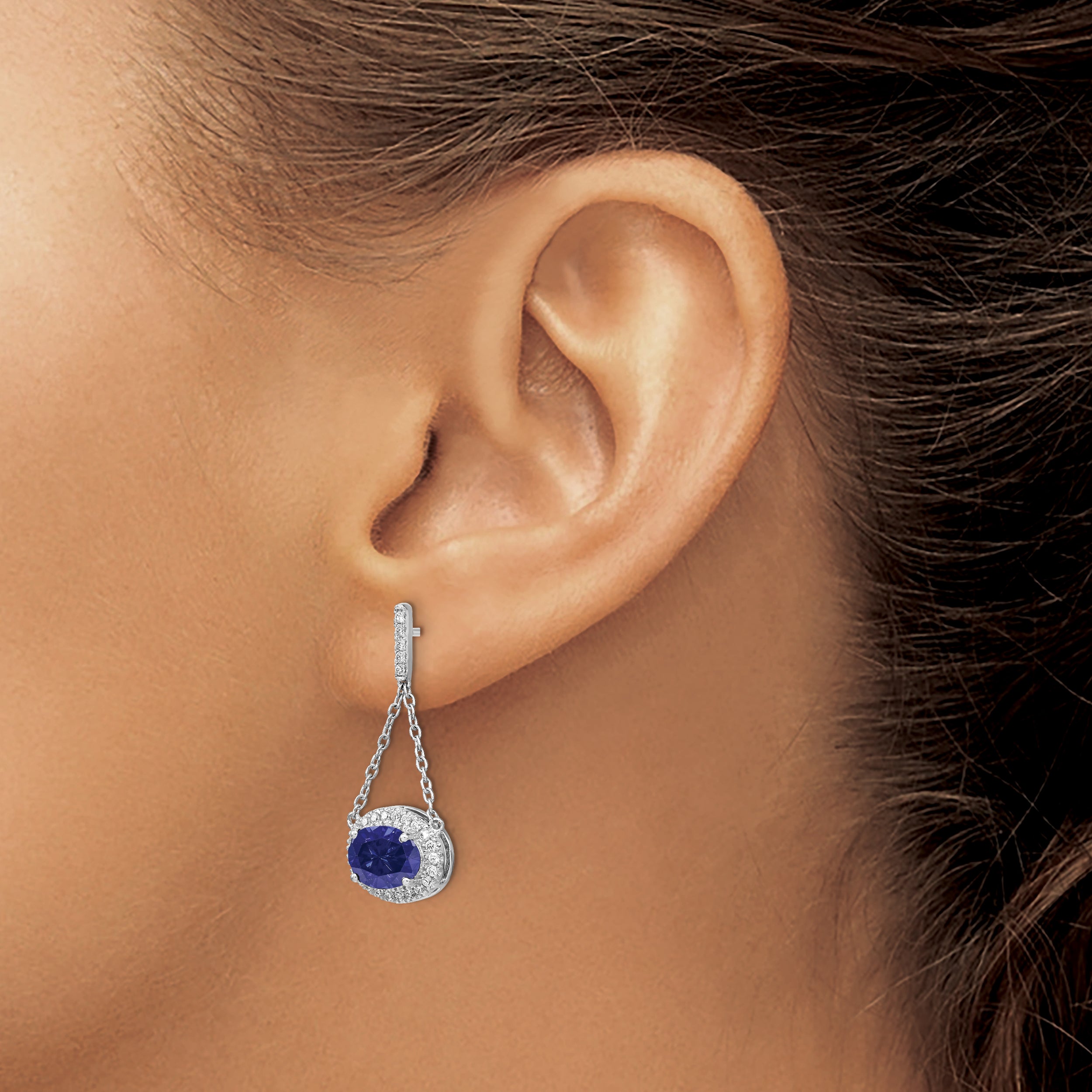 14k White Gold Oval Created Sapphire and Diamond Dangle Earrings (2.2 grams)