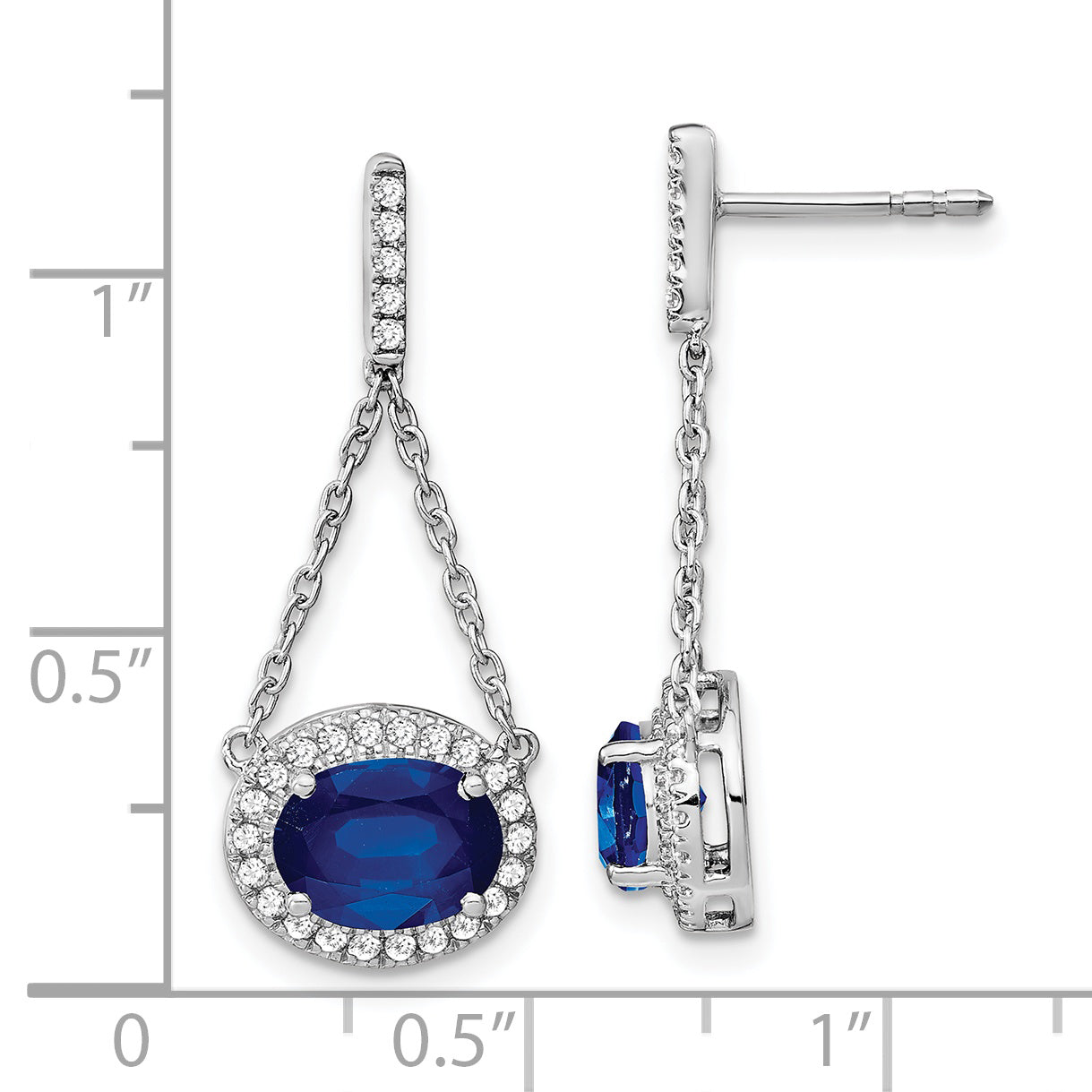 14k White Gold Oval Created Sapphire and Diamond Dangle Earrings (2.2 grams)