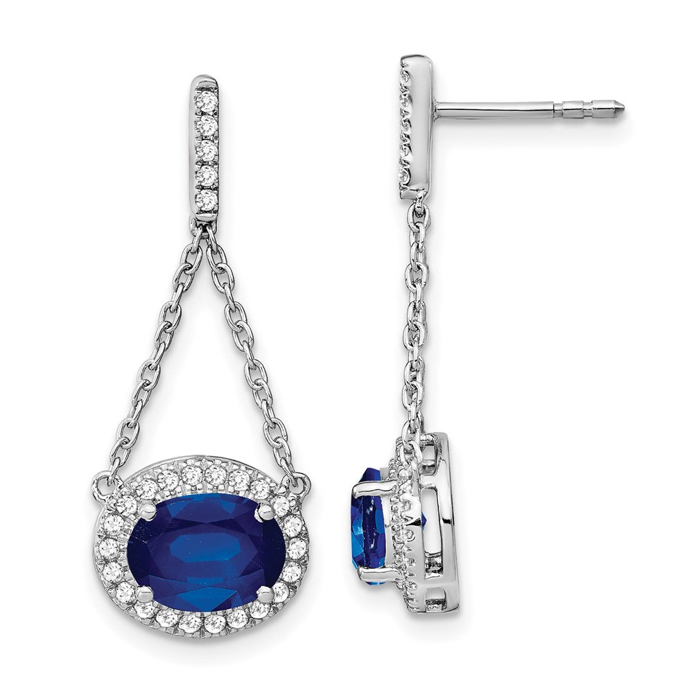 14k White Gold Oval Created Sapphire and Diamond Dangle Earrings (2.2 grams)