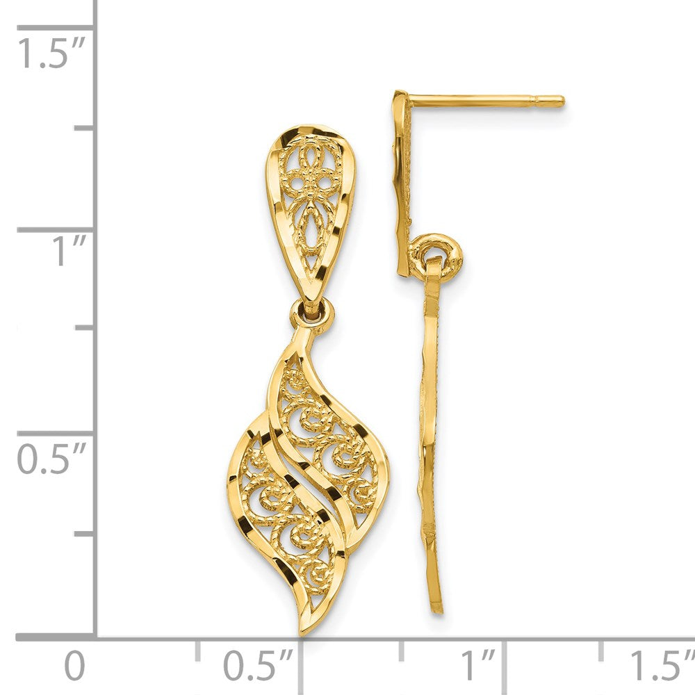 14k Yellow Gold 10 mm Polished & Diamond-Cut Filigree Swirl Dangle Post Earrings (2.01 grams)