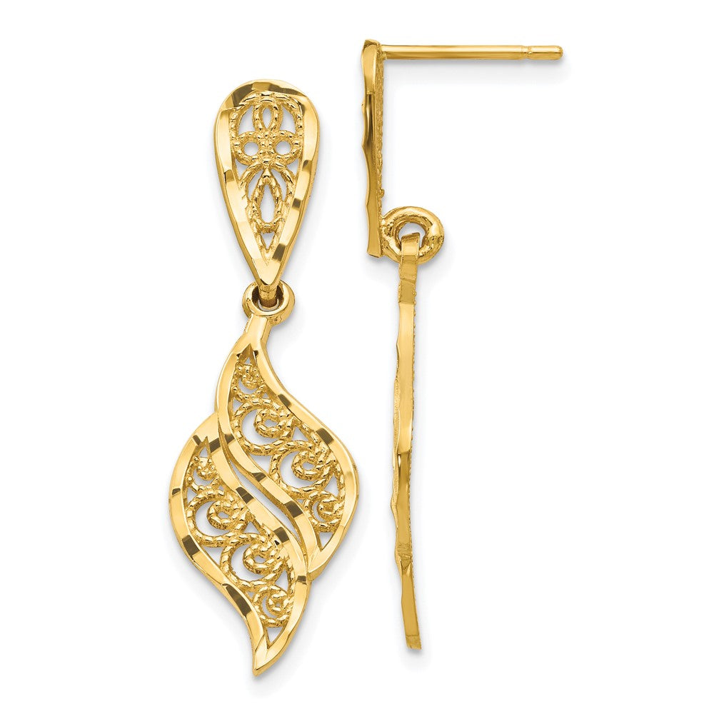14k Yellow Gold 10 mm Polished & Diamond-Cut Filigree Swirl Dangle Post Earrings (2.01 grams)