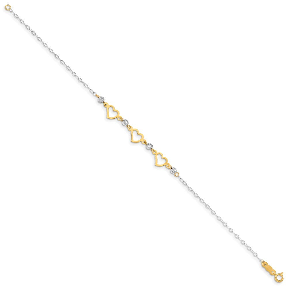 14K Two-tone Hearts and Diamond-cut Beads 6 inch Bracelet (0.78 grams)