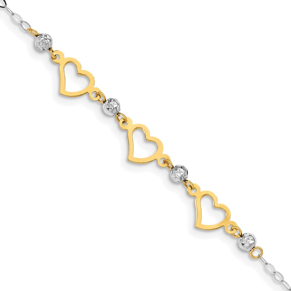 14K Two-tone Hearts and Diamond-cut Beads 7.5 inch Bracelet (0.9 grams)
