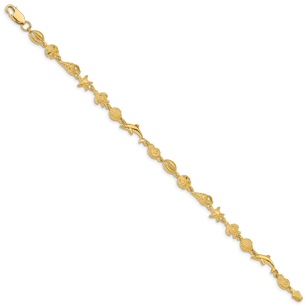 14k Yellow Gold 7 mm Polished and Textured Sea Life Bracelet (5.58 grams)