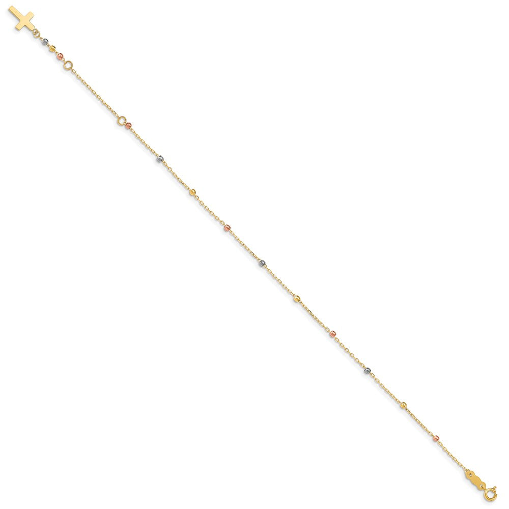 14k Tri-Color 3 mm Tri Colored Gold Diamond Cut Beaded Cross W/1 IN Ext Bracelet (1.02 grams)