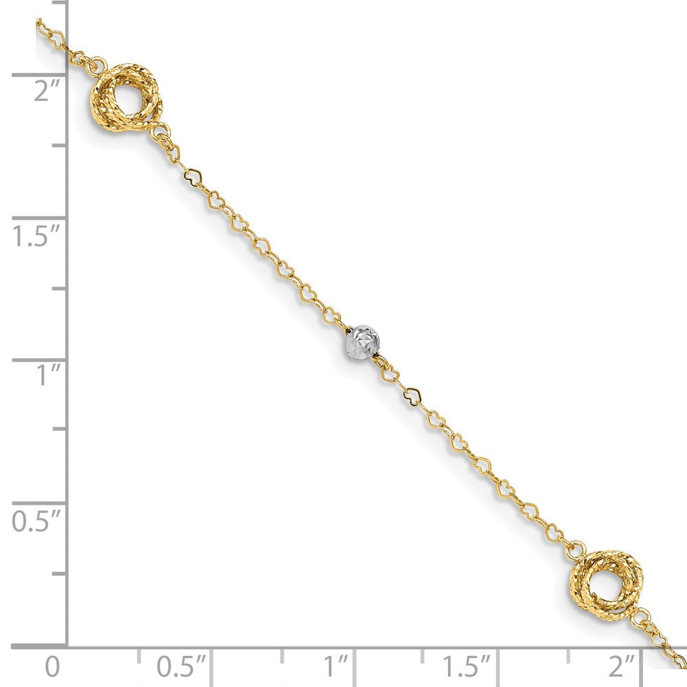 14k Two-tone 5.5 mm Love Knots on Small Heart Link Bracelet (1.32 grams)