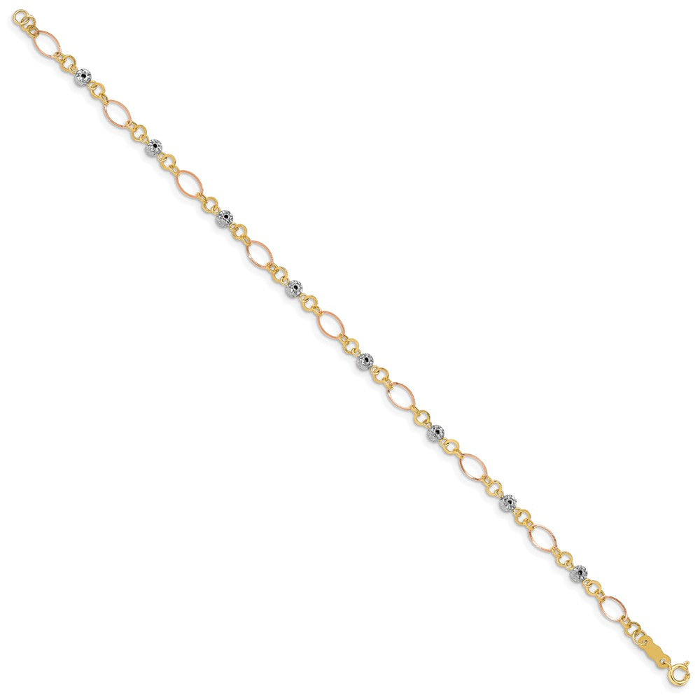14k Tri-Color 3 mm Polished Diamond-cut Ovals & Donut Beads Bracelet (1.2 grams)