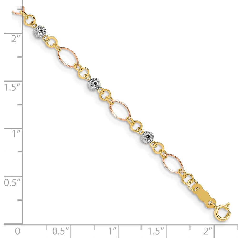 14k Tri-Color 3 mm Polished Diamond-cut Ovals & Donut Beads Bracelet (1.2 grams)