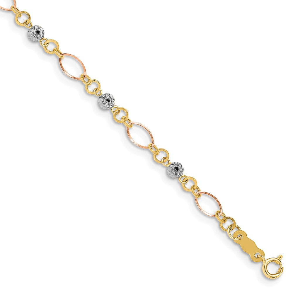 14k Tri-Color 3 mm Polished Diamond-cut Ovals & Donut Beads Bracelet (1.2 grams)