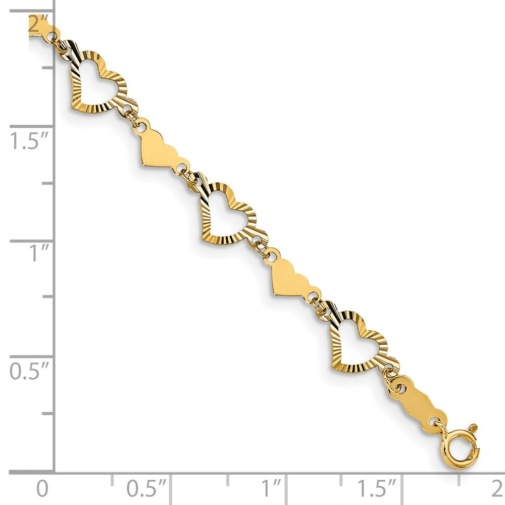14k Yellow Gold 6 mm Polished Diamond-cut Open & Stamp Heart Bracelet (1.58 grams)