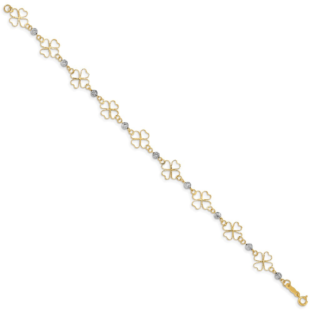 14k Two-tone 9 mm Diamond-cut Open Clovers & Beads Bracelet (1.72 grams)
