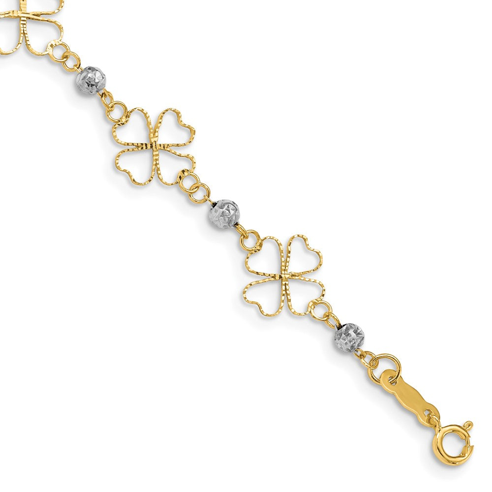 14k Two-tone 9 mm Diamond-cut Open Clovers & Beads Bracelet (1.72 grams)