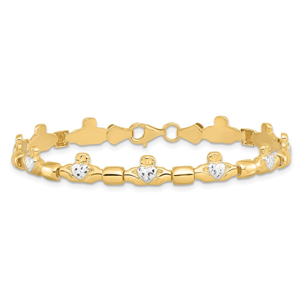 14k Yellow & Rhodium 6 mm D/C Claddagh Polished Link Bracelet (4.87 grams)