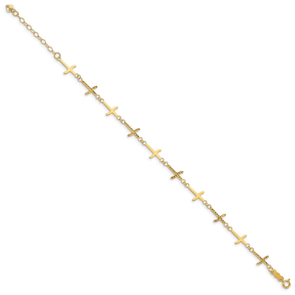 14k Yellow Gold 7 mm Polished Diamond-cut Crosses w/1in. Ext. Bracelet (1.57 grams)