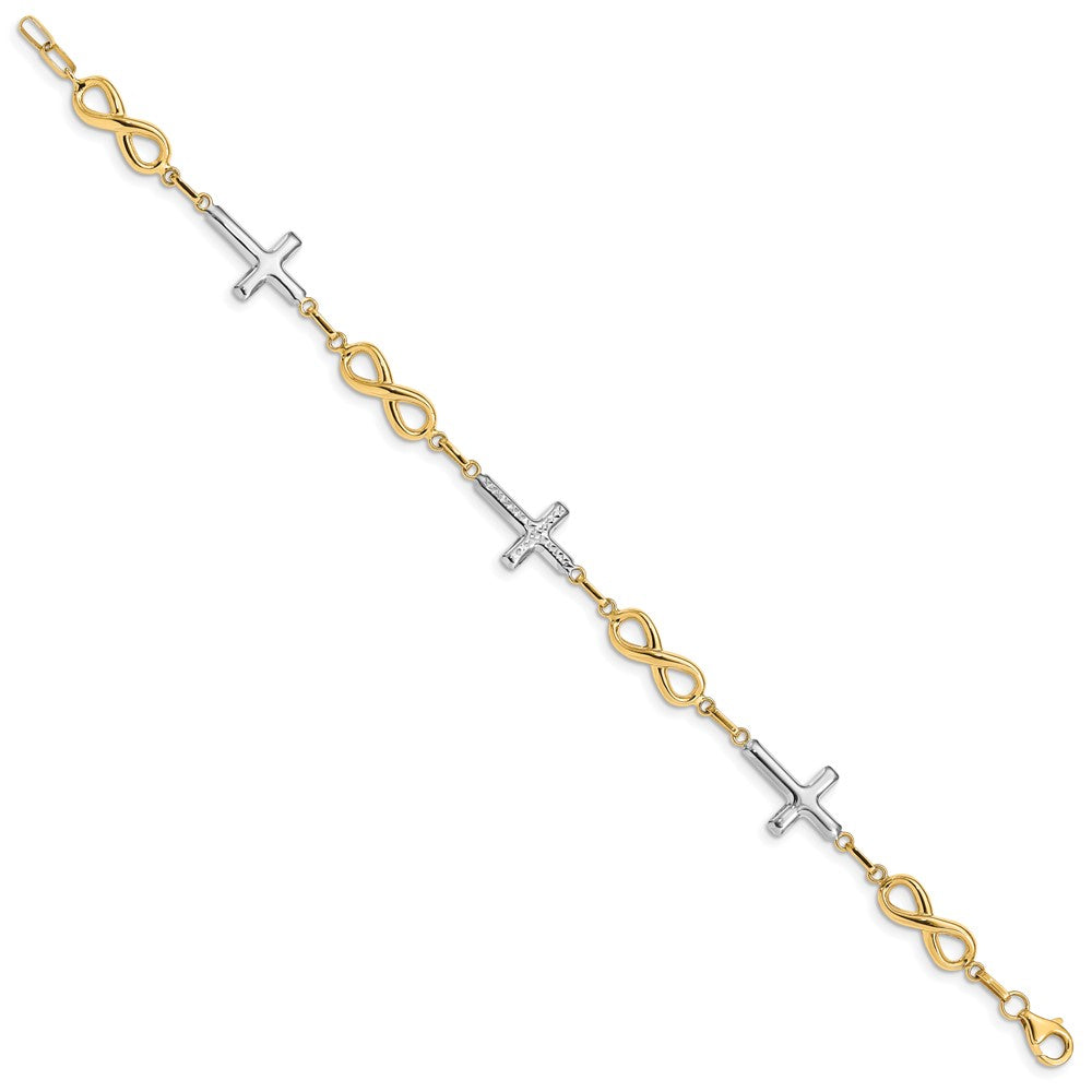 14K with White Rhodium Polished Cross and Infinity Symbol Link 7.25 inch Bracelet (3.69 grams)