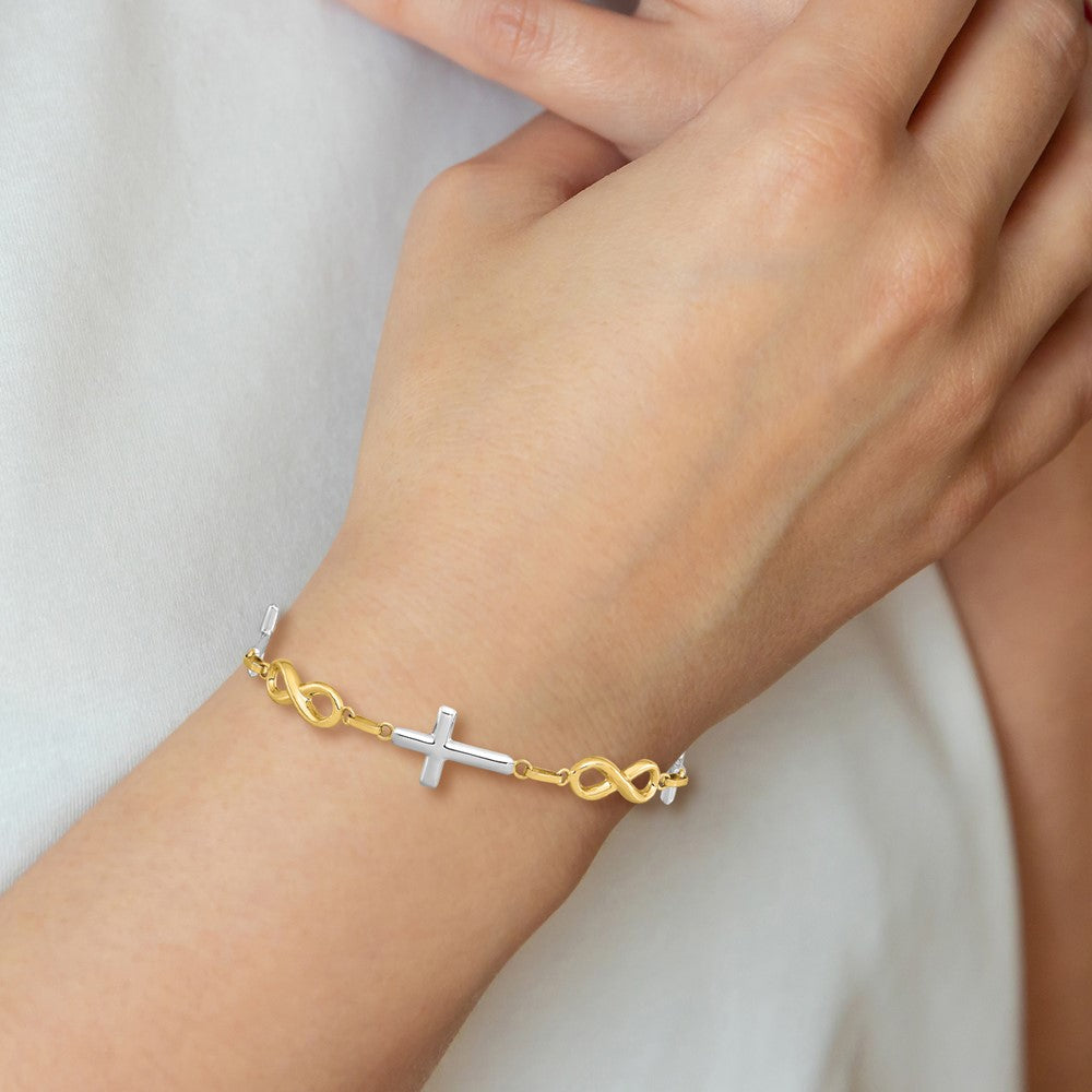 14K with White Rhodium Polished Cross and Infinity Symbol Link 7.25 inch Bracelet (3.69 grams)