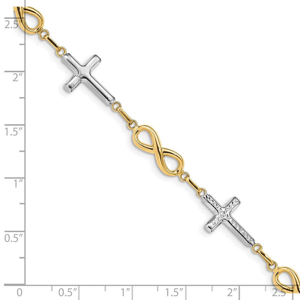 14K with White Rhodium Polished Cross and Infinity Symbol Link 7.25 inch Bracelet (3.69 grams)