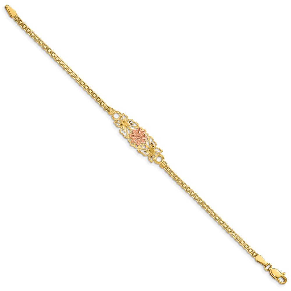 14k Two-tone 11 mm Brushed & Polished Butterfly & Flowers Bracelet (3.83 grams)