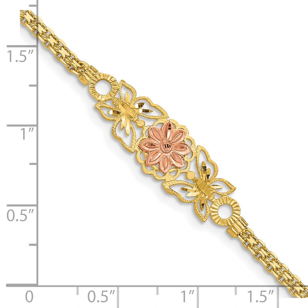 14k Two-tone 11 mm Brushed & Polished Butterfly & Flowers Bracelet (3.83 grams)