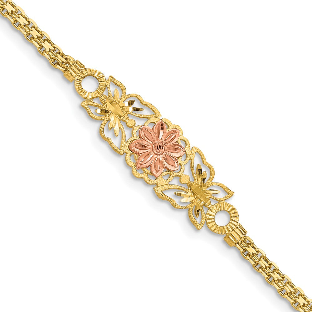 14k Two-tone 11 mm Brushed & Polished Butterfly & Flowers Bracelet (3.83 grams)