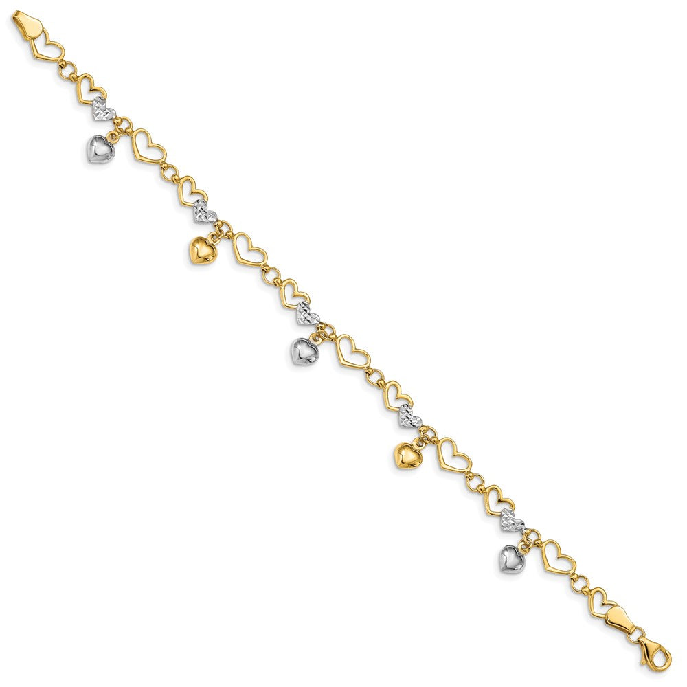 14k Yellow & Rhodium 6 mm Polished Heart D/C Bracelet (5.44 grams)