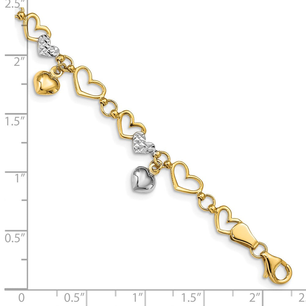 14k Yellow & Rhodium 6 mm Polished Heart D/C Bracelet (5.44 grams)