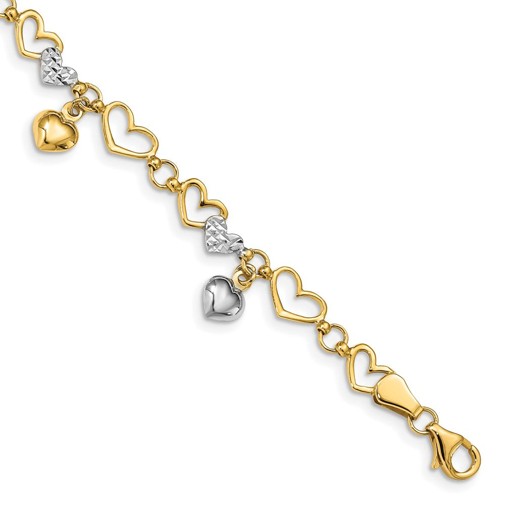 14k Yellow & Rhodium 6 mm Polished Heart D/C Bracelet (5.44 grams)
