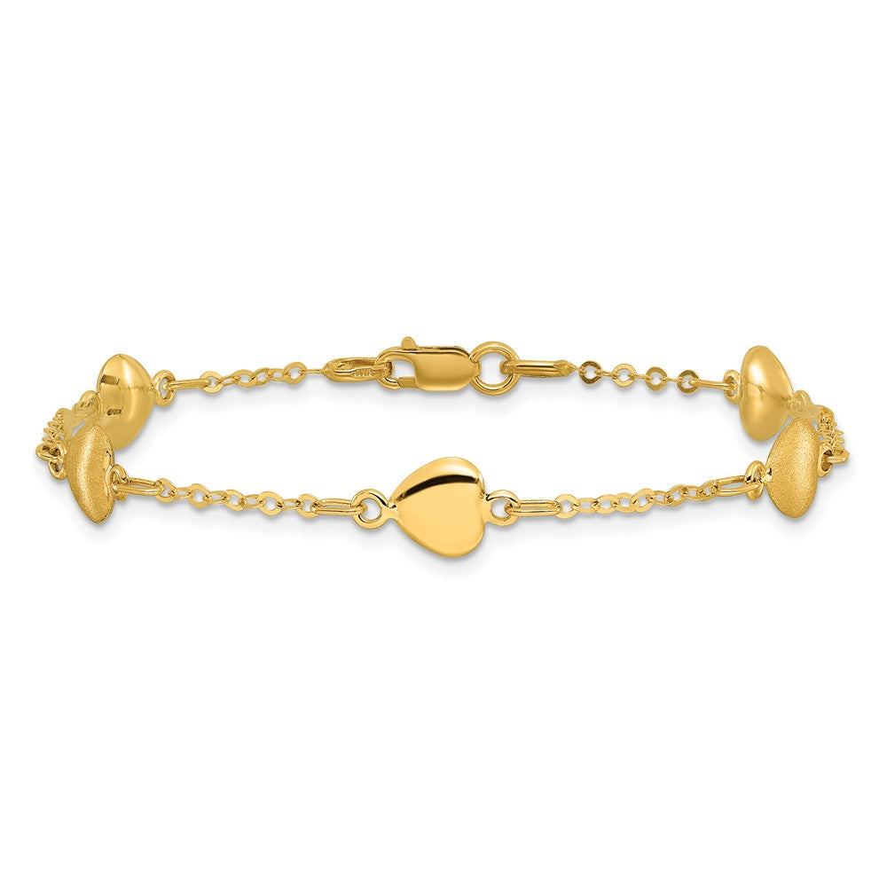 14k Yellow Gold 7 mm Brushed & Polished Hearts inch Bracelet (2.91 grams)