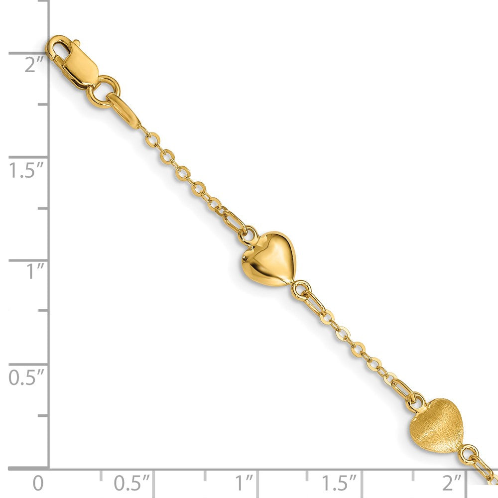 14k Yellow Gold 7 mm Brushed & Polished Hearts inch Bracelet (2.91 grams)