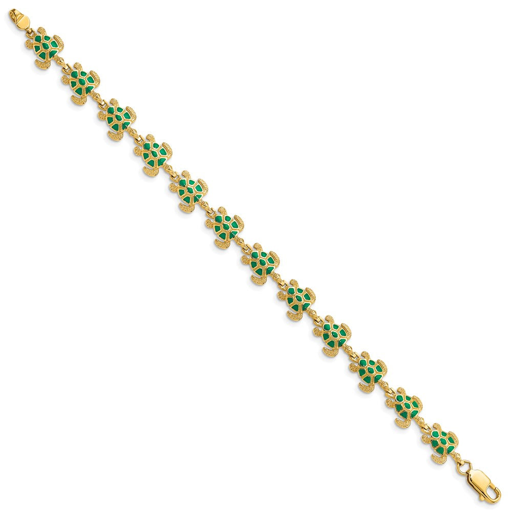 14k Yellow Gold 9.1 mm w/ Green Enamel Sea Turtle Bracelet (8.77 grams)
