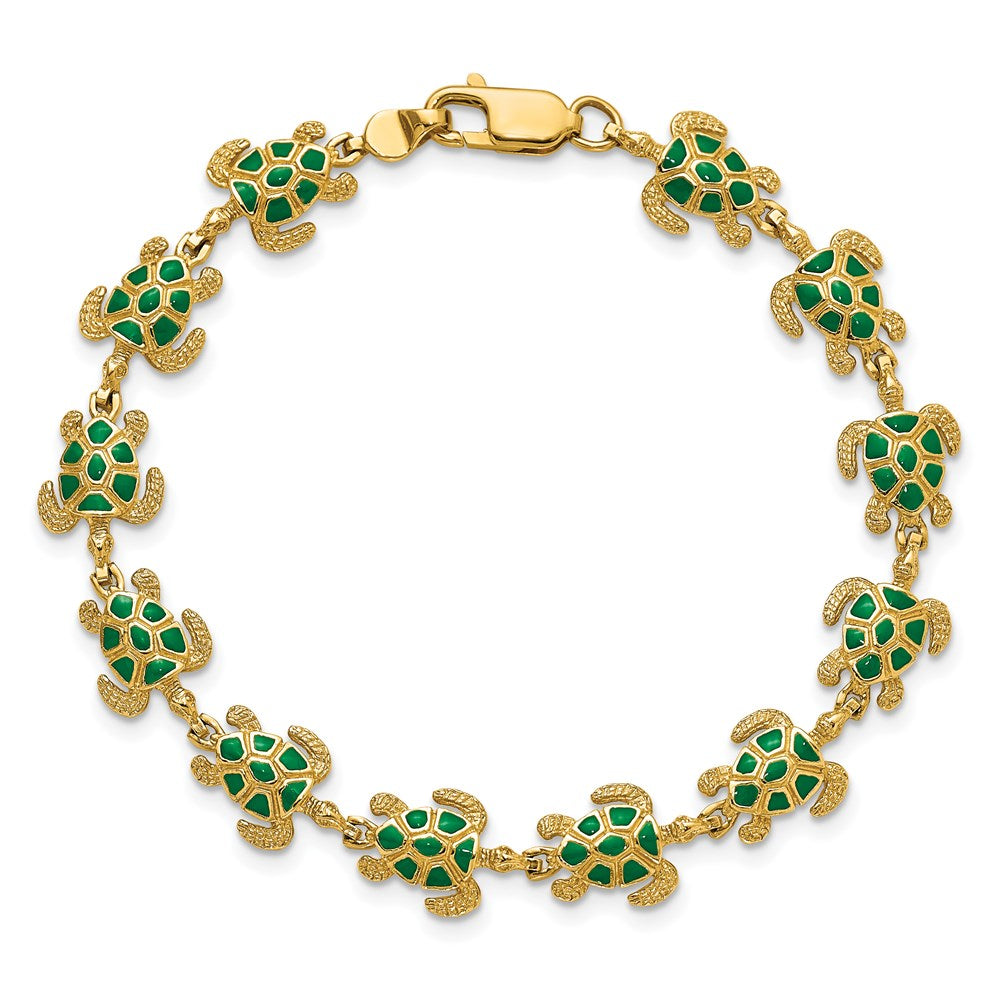 14k Yellow Gold 9.1 mm w/ Green Enamel Sea Turtle Bracelet (8.77 grams)