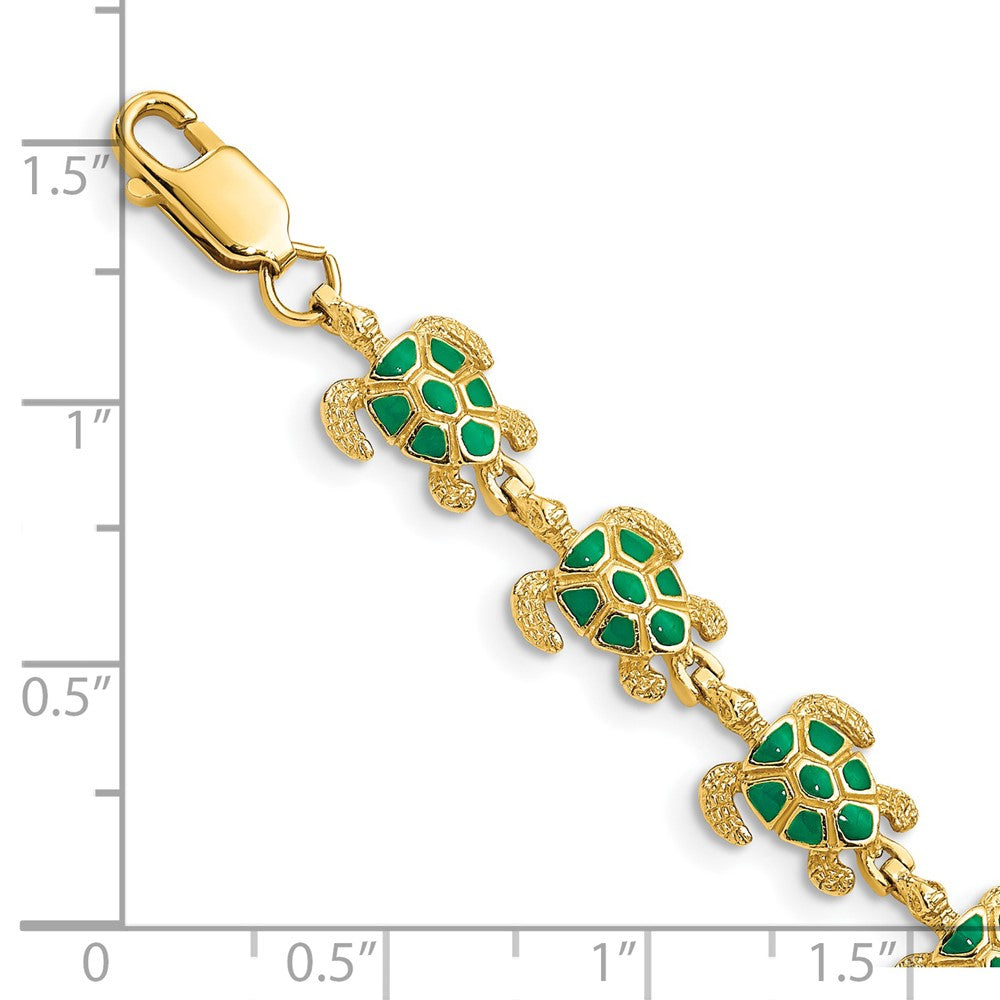 14k Yellow Gold 9.1 mm w/ Green Enamel Sea Turtle Bracelet (8.77 grams)