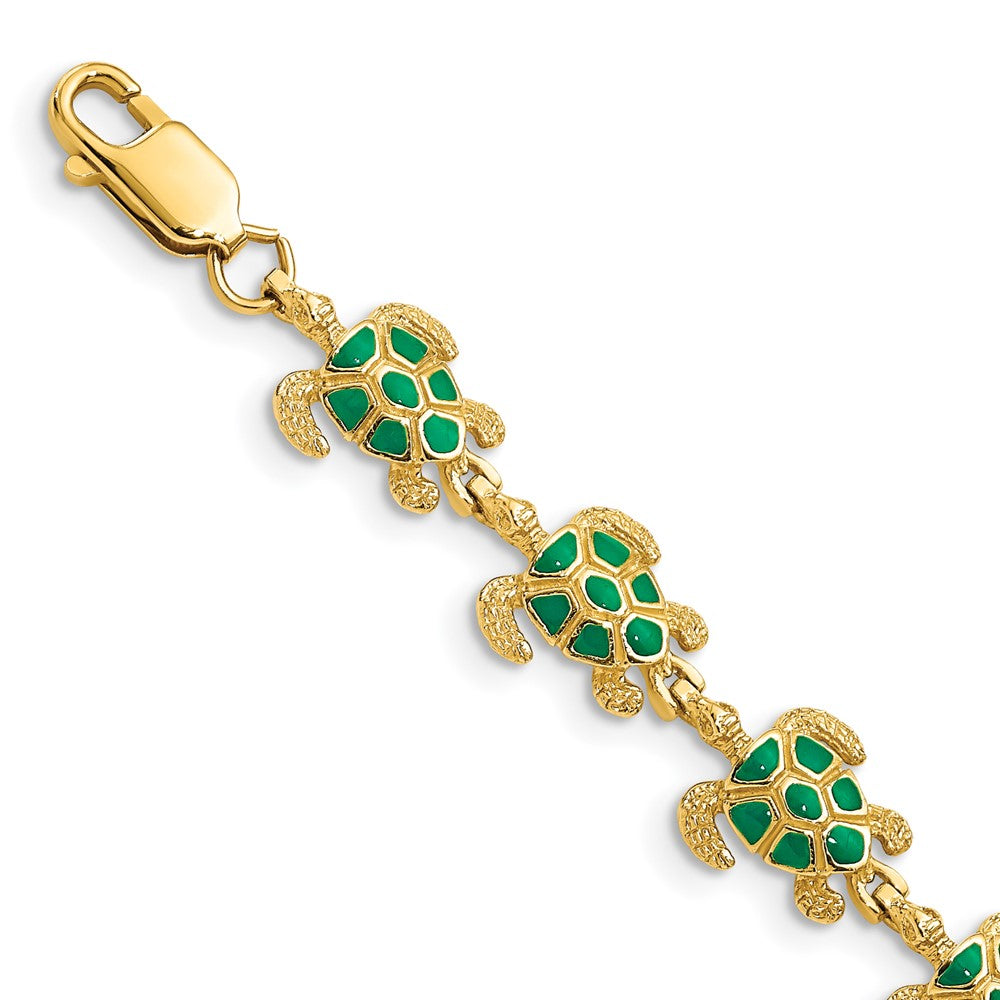 14k Yellow Gold 9.1 mm w/ Green Enamel Sea Turtle Bracelet (8.77 grams)
