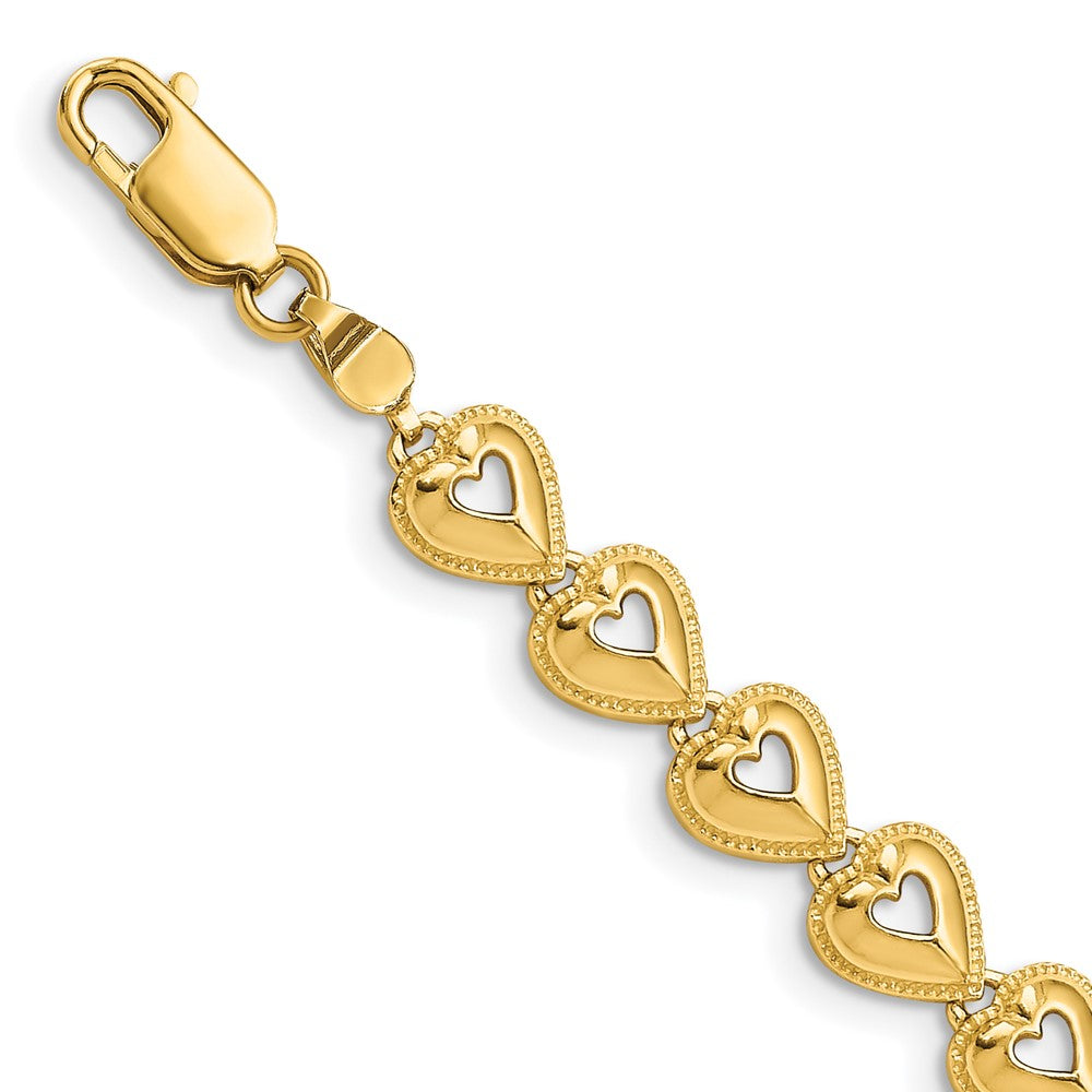 14k Yellow Gold 6.77 mm Polished Beaded Hearts Bracelet (7.92 grams)
