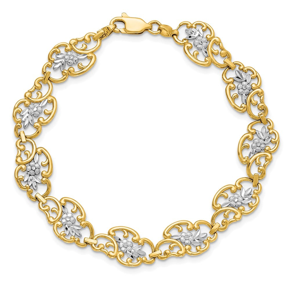 14k Yellow & Rhodium 10.1 mm Diamond-Cut Fancy Bracelet (5.62 grams)