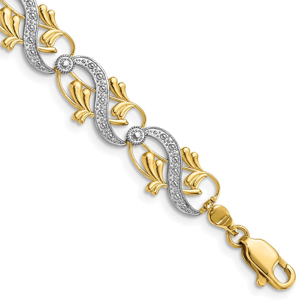 14k Yellow & Rhodium 9.7 mm Diamond-Cut Fancy Link Bracelet (7.61 grams)