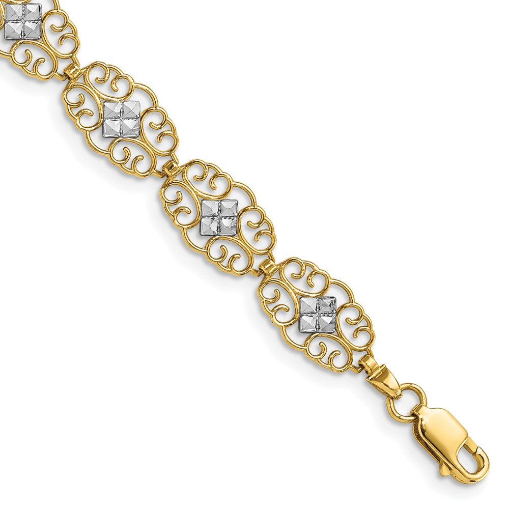 14k Yellow & Rhodium 8.3 mm Diamond-Cut Fancy Bracelet (4.53 grams)