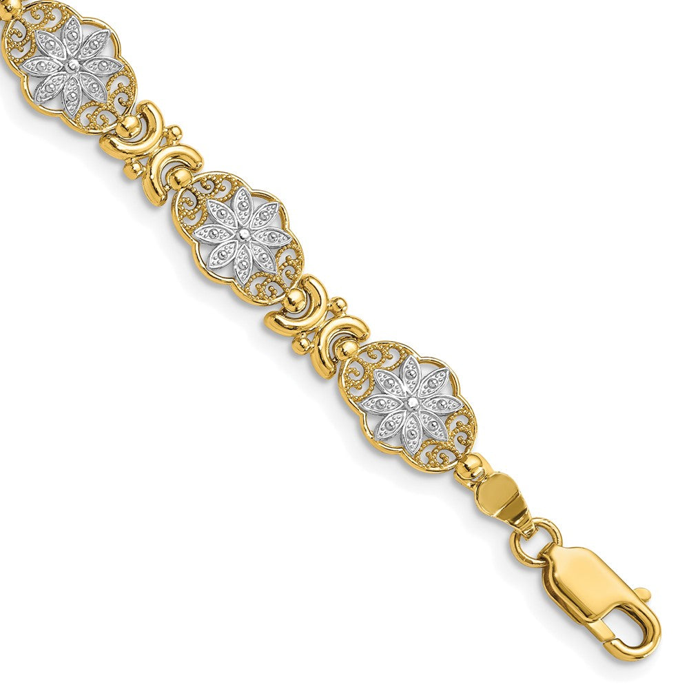 14k Yellow & Rhodium 8.25 mm Flower in Bracelet (6.55 grams)