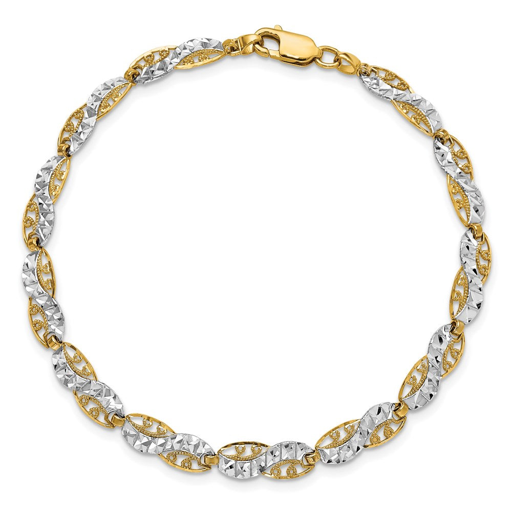 14k Yellow & Rhodium 5.3 mm Diamond-Cut Filigree Link Bracelet (5.15 grams)