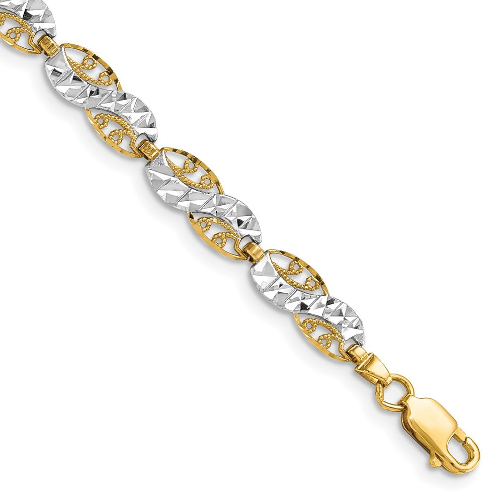 14k Yellow & Rhodium 5.3 mm Diamond-Cut Filigree Link Bracelet (5.15 grams)